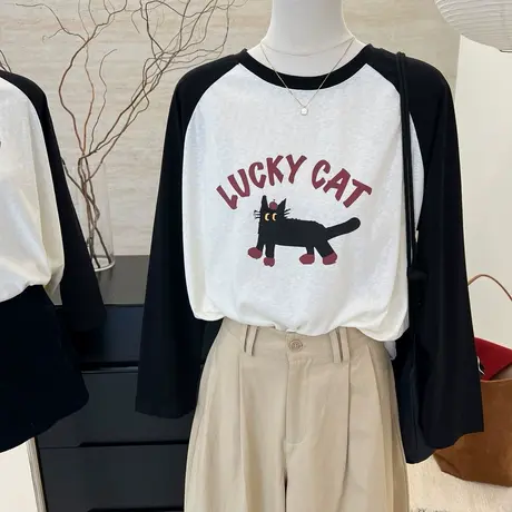 撞色插肩袖猫咪印花长袖t恤女秋季新款宽松显瘦百搭打底衫上衣潮商品大图