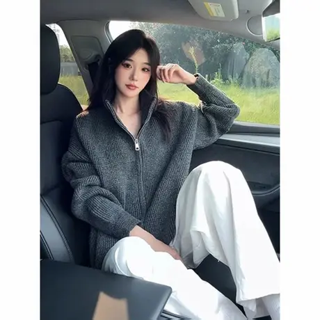 灰色立领双拉链针织开衫外套男女秋季短款毛衣慵懒高级感修身夹克商品大图