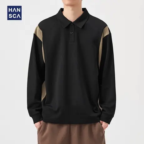 hansca秋季260g宽松长袖t恤男2025新款polo领撞色拼接内搭打底衫商品大图