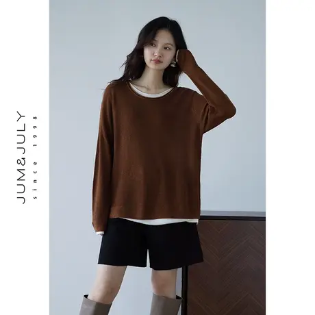 嘉茱莉小个子套头针织衫女拼接假两件针织上衣女短款宽松打底衫商品大图