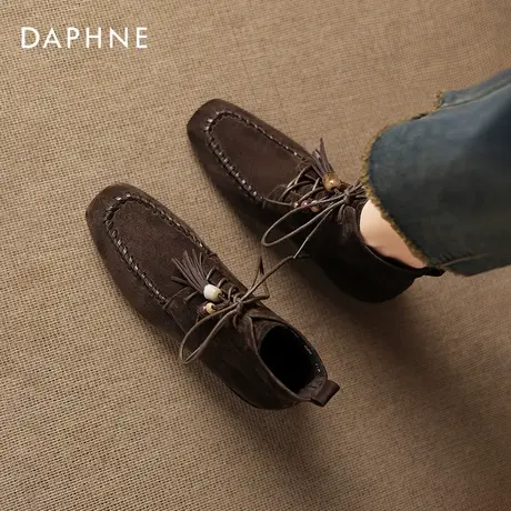 达芙妮棕色真皮靴子系带流苏马丁小短靴2026新款复古女款秋季女靴图片