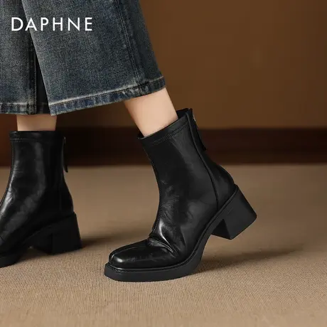 达芙妮粗跟短靴女冬季2026新款高跟切尔西瘦瘦靴方头法式马丁靴子图片