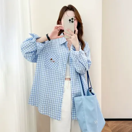 唐狮春秋季女长袖衬衫蓝色格子翻领宽松小狗刺绣上衣通勤休闲TM商品大图