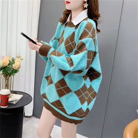 复古菱形格子衬衫领拼色毛衣女2022新款秋冬宽松洋气减龄打底上衣图片