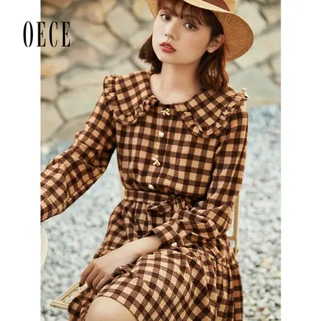 【买1送1】Oece复古格子连衣裙秋季女装复古气质中长款法式淑女裙图片