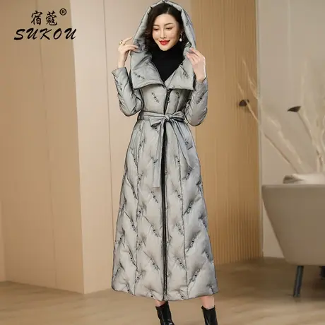 高端银灰色长款妈妈羽绒服女2023冬装新款气质立领白鸭绒连帽外套商品大图