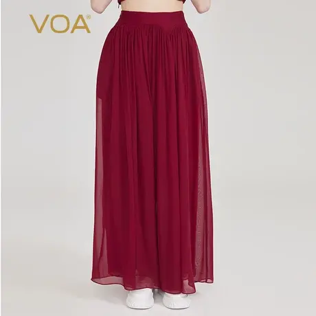 VOA酒红色双层乔其纯桑蚕丝自然腰侧口袋轻垂飘逸真丝长款裙裤图片