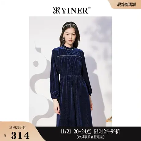 *Goodland美地女装秋季长袖收腰压褶钉珠丝绒连衣裙图片