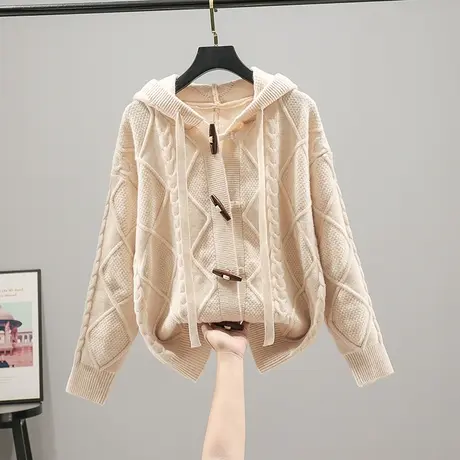 22080新款韩版宽松纯色长袖连帽衫牛角扣针织衫外套毛衣女开衫商品大图