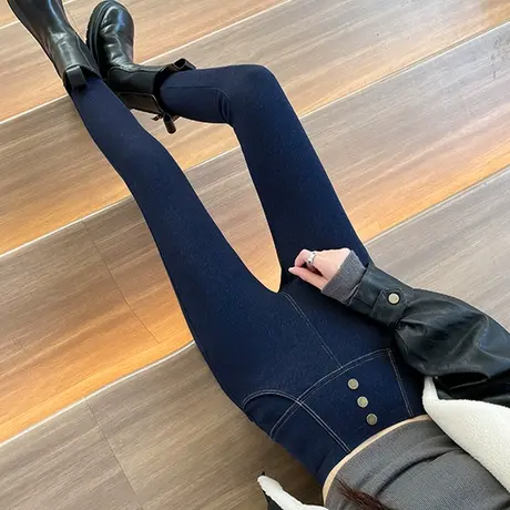 蓝色打底铅笔裤女外穿春秋季加绒加厚高腰修身显瘦休闲弹力小脚裤图片