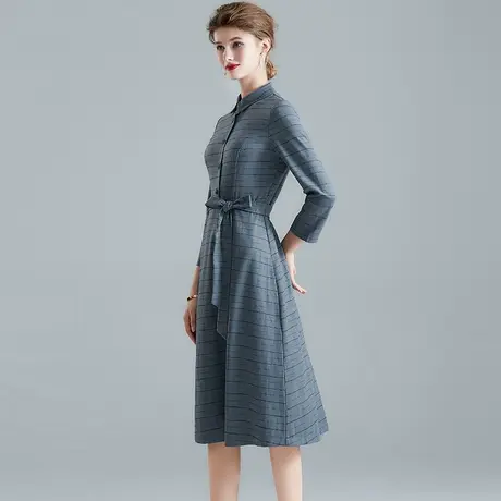 水墨青华秋季新款衬衫连衣裙时尚格子中长款系带修身A字裙商品大图