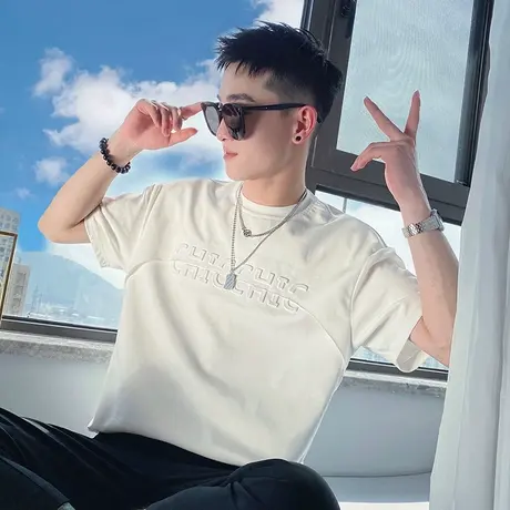 夏季男t恤上衣打底衫短袖修身钢印字母时尚休闲学生半袖圆领体恤图片