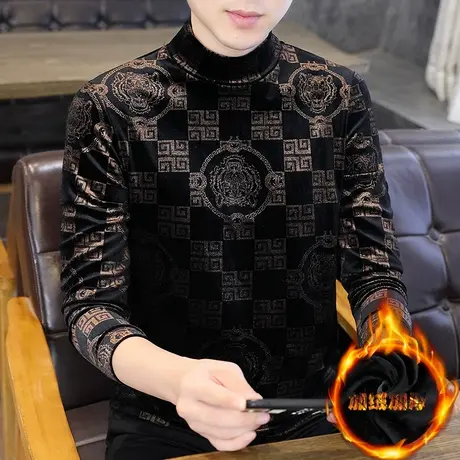 金丝绒男长袖t恤秋冬季保暖衣服加绒加厚印花卫衣男士立领打底衫商品大图