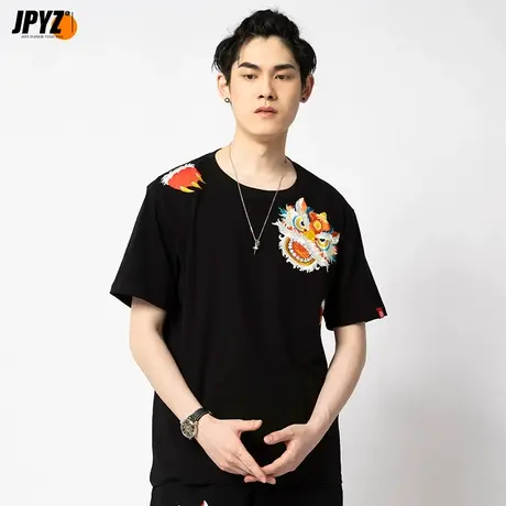 2023夏新款重磅纯棉短袖醒狮t恤男半袖国潮刺绣大码宽松潮流体恤图片