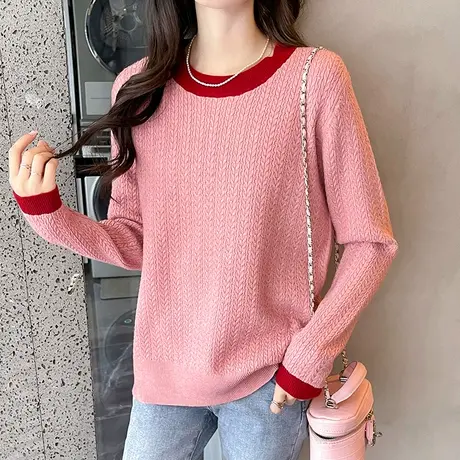 2023秋装新款韩版宽松圆领拼色麻花套头针织衫上衣女士长袖打底衫商品大图