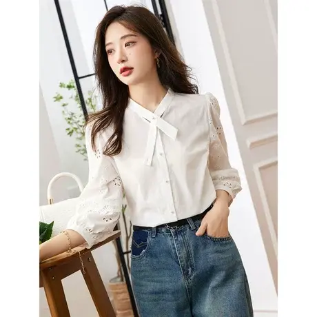 时尚气质长袖衬衫2023年秋季新款淑女温柔立领宽松显瘦通勤上衣商品大图