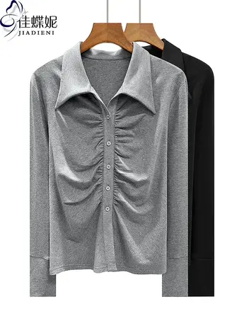 早春新款翻领纯色纯棉开衫袖口开叉长袖体恤上衣女衬衫POLO衫T恤商品大图