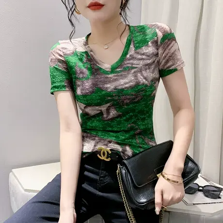 时尚印花网纱T恤女短袖性感V领显瘦小衫欧货扎染拼色上衣修身半袖商品大图