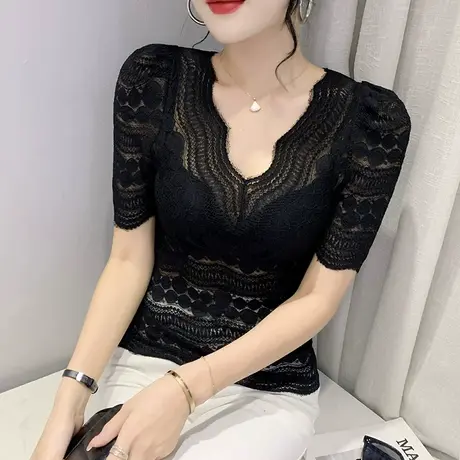 欧货性感V领蕾丝上衣女短袖夏装时尚泡泡袖T恤潮紧身黑色雷丝小衫商品大图