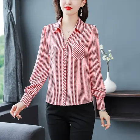 漂亮长袖条纹衬衫女2023秋装新款大码宽松遮肚子洋气妈妈装打底衫商品大图