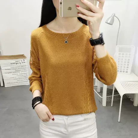 2023新款春季蕾丝亮片镂空毛衣女短款上衣女宽松圆领长袖针织衫薄图片