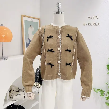 气质小香风高品质毛衣外套2022韩国东大门蝴蝶结花朵针织开衫温柔商品大图