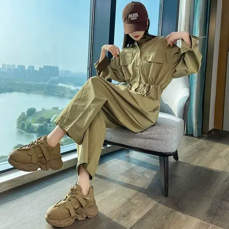 港风复古宽松连衣裤女2023年春秋新款高级感小个子显瘦阔腿工装裤图片