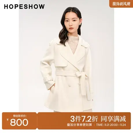 红袖outlets双排扣翻领中长大衣hopeshow2023冬款宽松高级感外套图片