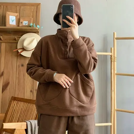 dza 复古短款立领双面绒加绒卫衣外套女秋冬外穿长袖口袋显瘦上衣图片