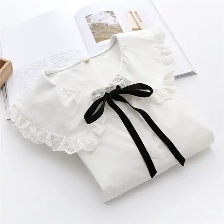 日系小清新蕾丝花边大翻领系带蝴蝶结长袖白衬衫女春秋娃娃衫上衣图片