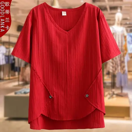 中年大码女遮肉棉麻上衣夏季新款2025妈妈装宽松洋气时尚短袖T恤商品大图