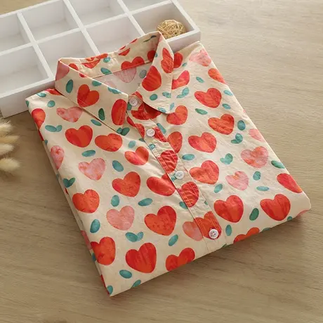 春秋季韩版文艺小清新爱心印花纯棉长袖衬衫女学院风宽松打底上衣商品大图