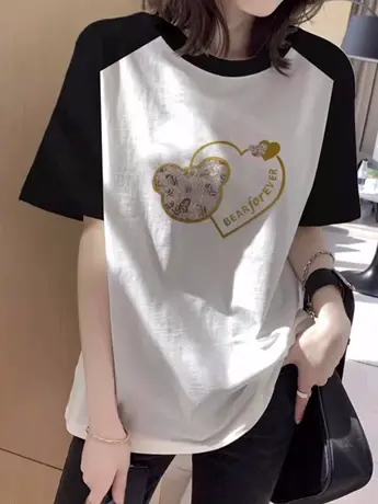 美式复古印花圆领短袖t恤女夏季新款设计感小众撞色正肩大码上衣商品大图