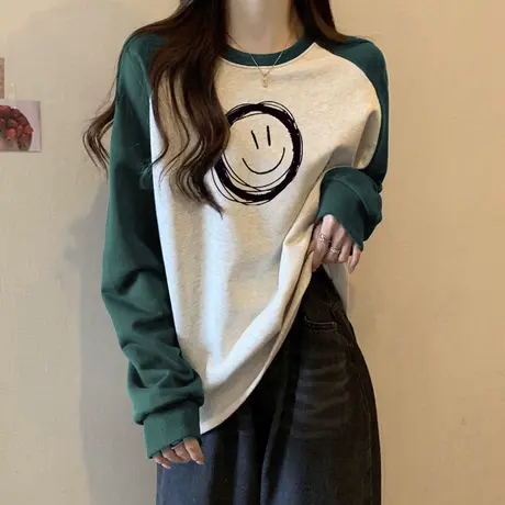 设计感小众撞色长袖T恤女秋冬季2024年新款宽松加绒插肩袖上衣潮图片
