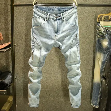 机车拼接牛仔裤男美式潮流修身小脚裤浅蓝色拉链多口袋设计男裤子商品大图