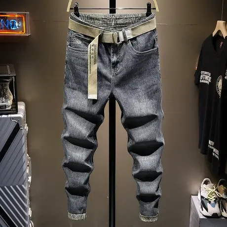 秋冬新款潮牌复古做旧牛仔裤男修身小脚百搭韩版潮流男装长裤子男商品大图