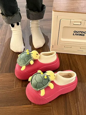 可爱卡通小乌龟加绒棉鞋女外穿2023年秋冬新款百搭厚底包跟棉拖鞋商品大图