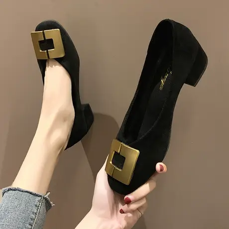 单鞋女2024春秋新款方头金属扣粗跟豆豆鞋仙女风百搭浅口工作鞋潮图片