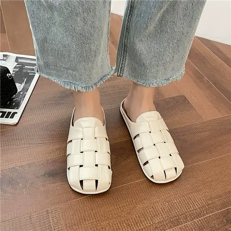 包头半拖鞋女夏2024年新款韩版复古休闲编织凉拖舒适平底沙滩鞋子商品大图