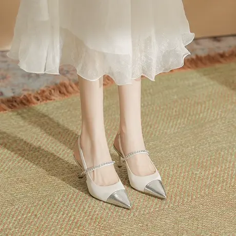 2024夏季新款包头凉鞋撞色拼接水钻一字带后空侧空尖头细跟高跟鞋商品大图