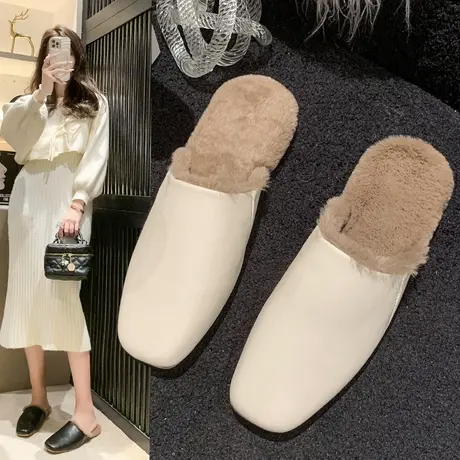 欧货包头半拖鞋女外穿秋冬季加绒棉拖时尚百搭平底穆勒鞋毛毛鞋拖商品大图