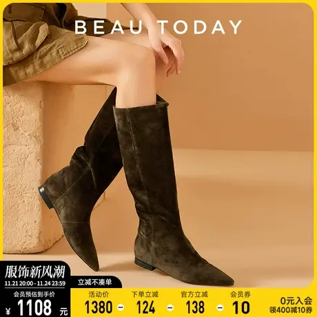 BeauToday显瘦过膝长筒靴女粗腿靴子女新款秋季复古长靴真皮靴子商品大图