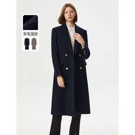 【会员专享】朗姿奥莱法式羊毛西装戗驳领大衣中长款毛呢外套女图片