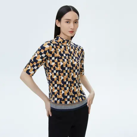 LANCY/朗姿绵羊毛秋季新款针织衫套头印花图形撞色女装上衣奥莱图片