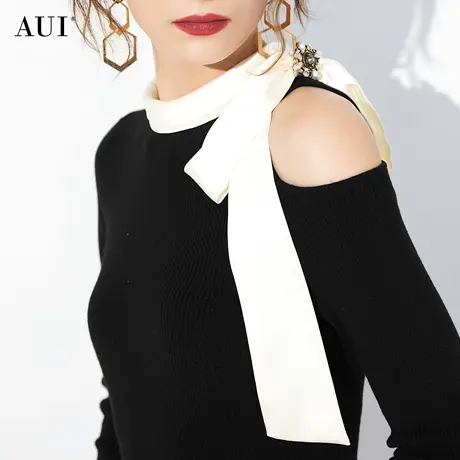 AUI黑色名媛气质设计感毛衣女2023秋冬新款小众长袖修身百搭衬衣商品大图