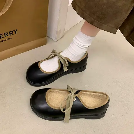 玛丽珍鞋女2023新款蝴蝶结小众平底甜美加绒小皮鞋冬季配裙子棉鞋商品大图