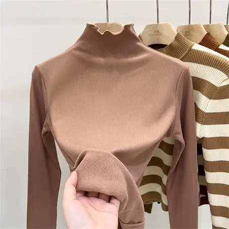 德绒磨毛打底衫女秋冬内搭洋气减龄长袖T恤木耳边高领修身上衣服商品大图