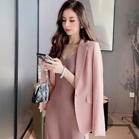 粉红大布娃娃休闲气质修身女人味韩版通勤西装外套2022春秋新款图片