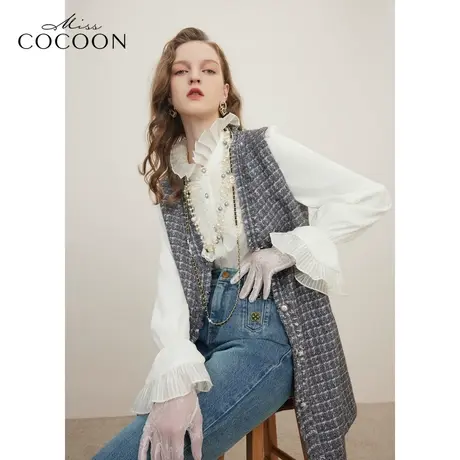 missCOCOON老钱风小香风2023冬装新款女V领无袖金属扣短外套商品大图