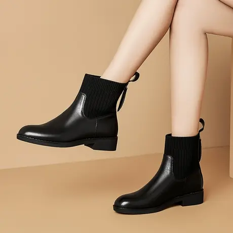 浓情漫宇头层牛皮短靴女圆头加绒针织面拼接真皮软皮舒适时装靴女商品大图